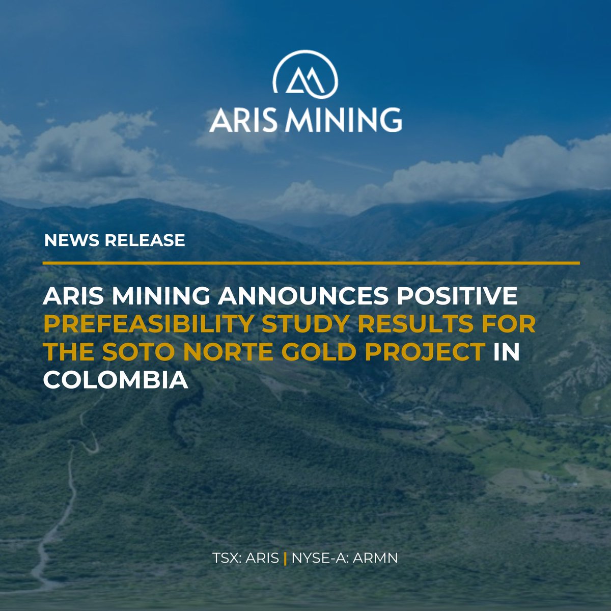 Aris Mining announces positive results from the recently completed prefeasibility study (PFS) of its 51%-owned Soto Norte Project in Santander, Colombia.

The PFS confirms Soto Norte as a high-quality project with robust economics, low operating costs, and industry-leading