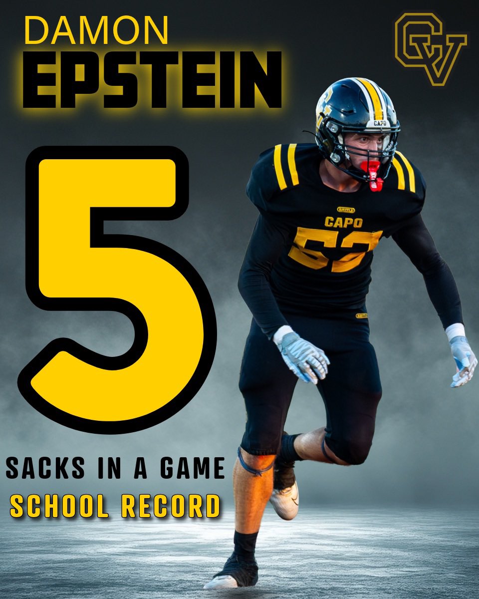 Capo Valley Football (@capofootball) on Twitter photo Congrats to <a href="/DamonEpsteinn/">Damon Epstein</a>, who tied the Capo Valley Football record for sacks in a game with 5 last Friday night!
#WeAreCV 🐯🌴 Congrats to <a href="/DamonEpsteinn/">Damon Epstein</a>, who tied the Capo Valley Football record for sacks in a game with 5 last Friday night!
#WeAreCV 🐯🌴