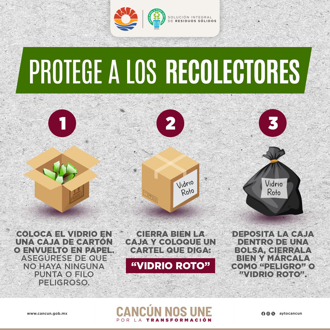 🚛💚 ¡Protejamos a quienes mantienen limpia nuestra ciudad! Al tirar vidrio roto:

📦 Guárdalo en caja o papel
✍️ Marca como “Vidrio roto”
🗑️ Deposítalo en bolsa cerrada
Evitemos accidentes 🙌

<a href="/AytoCancun/">Ayto Benito Juárez</a> <a href="/anapatyp/">Ana Patricia Peralta</a> 
#CancúnNosUne #PorLaTransformación