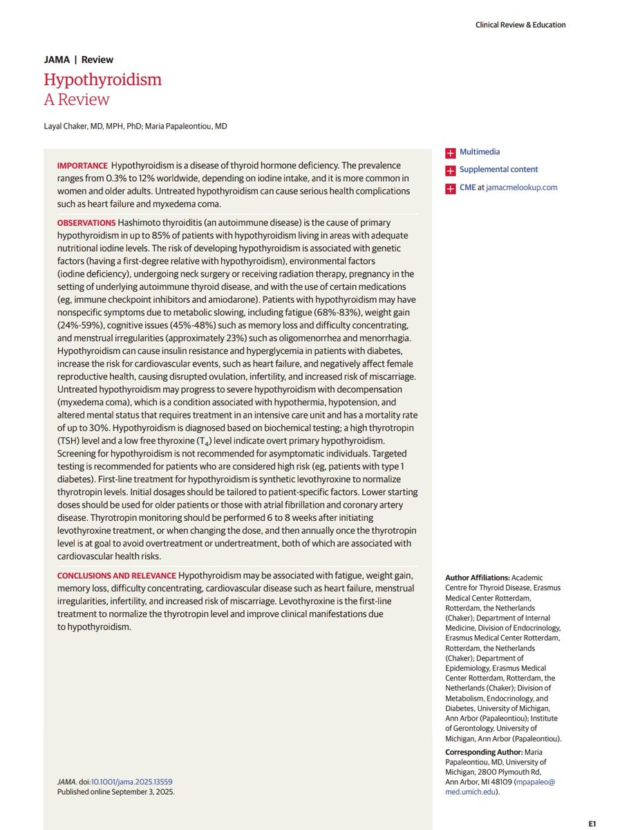giorg_kyriakos's tweet image. 📢 New in @JAMA_current: Clinical Review on #Hypothyroidism

Why read it?
🔎 Clear algorithm for dx
💊 Practical LT4 dosing
📆 Monitoring
📦 FAQ: risk factors, initial dose, when to refer
‼️A must-read update for daily practice 👩‍⚕️👨‍⚕️

🔗 doi:10.1001/jama.2025.13559

#EndoTwitter