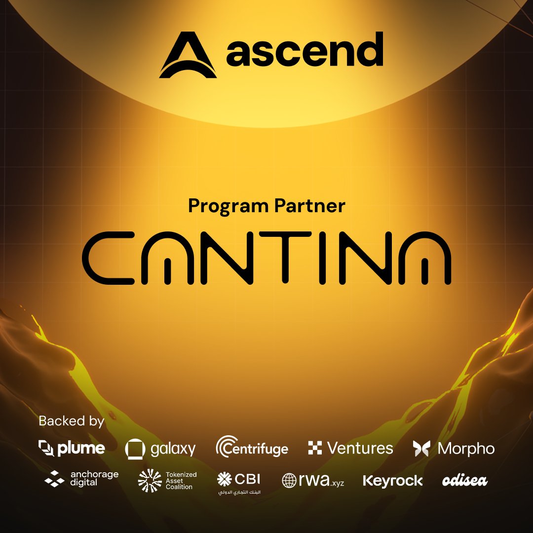 plumenetwork's tweet image. Big news: We’re excited to welcome @cantinaxyz as the newest partner of the Ascend RWA Startup Accelerator!

Together, we’re supporting the next wave of founders building institutional-grade Real-World Asset (RWA) projects.