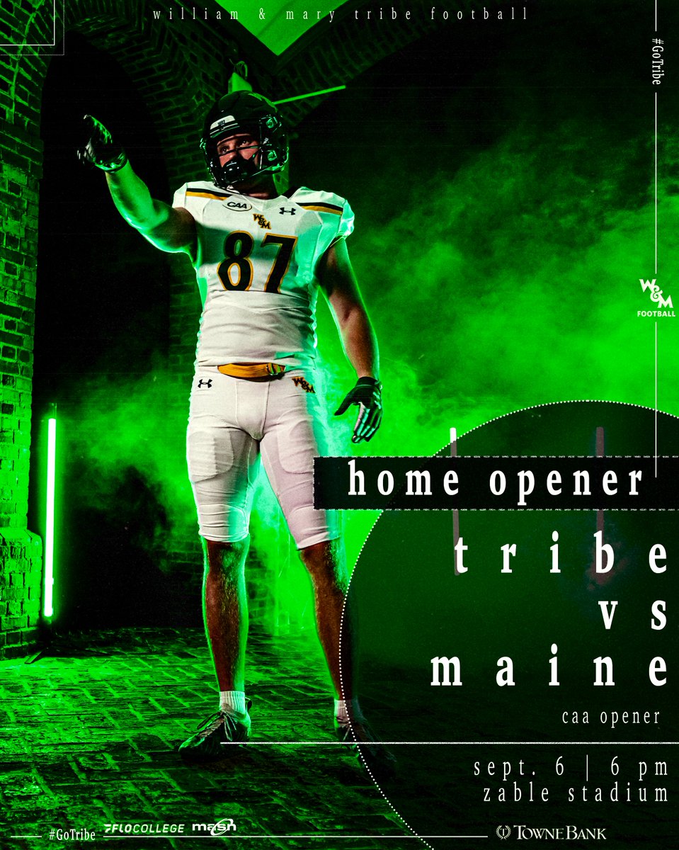 𝙃𝙤𝙢𝙚 𝙊𝙥𝙚𝙣𝙚𝙧‼️

🆚 Maine
🗓️ Saturday, Sept. 6
⏰ 6 PM
🏟️ Zable Stadium / Home Opener
🎟️ tribeathletics.com/tickets
⬜️ White Out
🆓 W&amp;M White Out T-shirts for first 1,000 students
🤝 Game Sponsor <a href="/TowneBanking/">TowneBank</a> 
🔗 go.wm.edu/mNBrTQ

#GoTribe