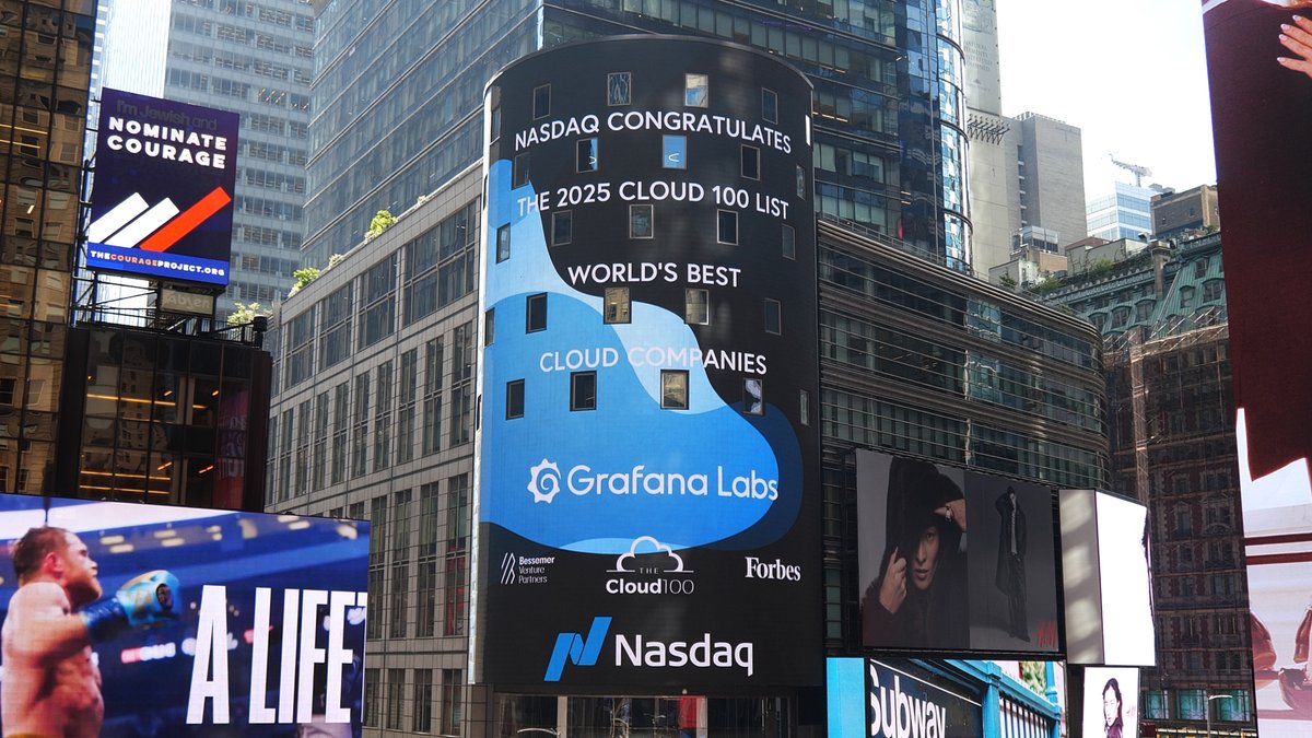 This view really *towers* above the rest! 🥁

Proud to see Grafana Labs featured in Times Square on the <a href="/Nasdaq/">Nasdaq</a> Tower for our #Cloud100 recognition again.