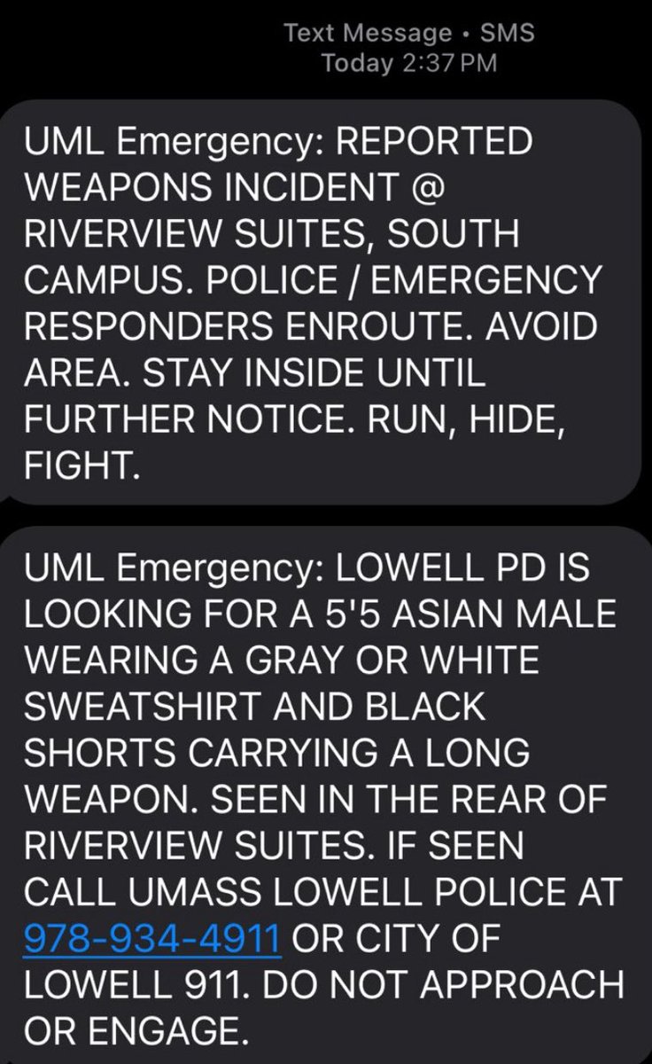 aselahcurtis's tweet photo. As I posted a minute ago, Lowell PD have said it appears the suspect was carrying an AR-style rifle based on video footage. Attached is the latest from UMass Lowell. https://t.co/Xs67p2syLv