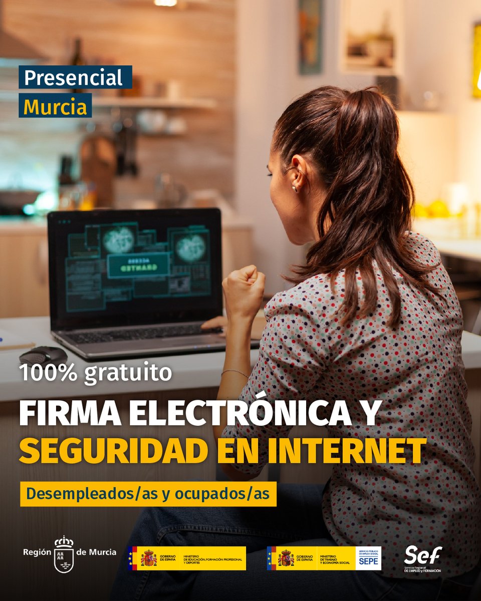 📍 #Murcia
📚 Firma electrónica y seguridad en internet.
👫 Desempleados/as y ocupados/as de Murcia.

Si estás interesad@ en esta formación o en alguna otra, déjanos tus datos en el siguiente formulario y te informaremos sin compromiso 🙂.
euroformac.eu/informame