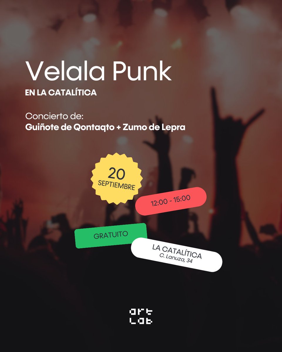 🎸 AGENDA DE SEPTIEMBRE EN ARTLAB HUESCA 🎶

Este mes, ¡el punk vuelve con fuerza en <a href="/lacatalitica/">lacatalitica</a>! 💥 

📅 20 de septiembre
🕛 De 12:00 a 15:00h
🎟️ Entrada gratuita

🎤 Grupos:
Guiñote de Qontaqto
Zumo de Lepra

#ArtLabHuesca #Punk #Concierto #Huesca