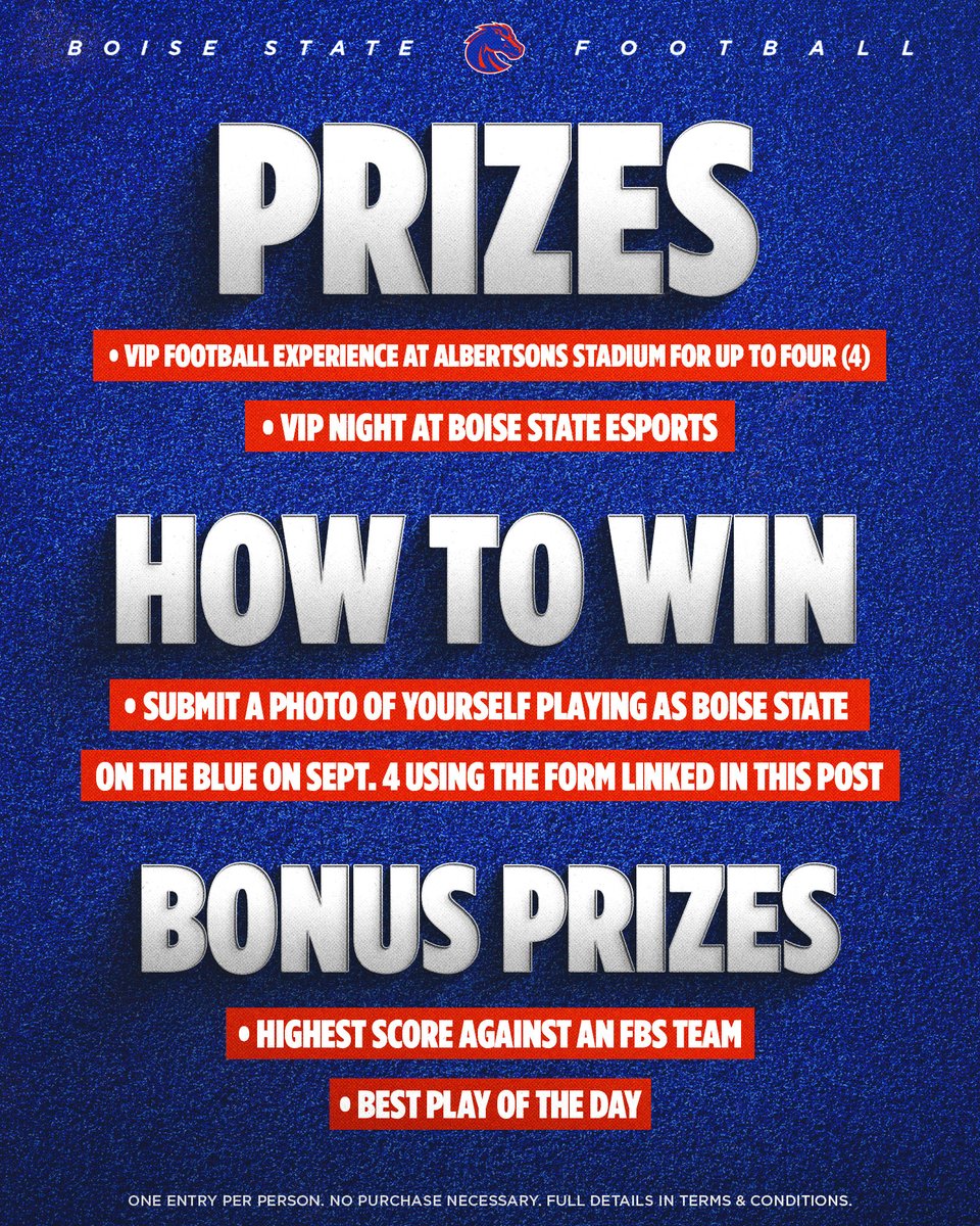 BroncoSports's tweet image. Think you’ve got game? 🎮🏈 Show us on College Football 26 on The Blue!

Submit a photo of yourself playing on Sept. 4 and you could win Boise State swag, a VIP night at Boise State Esports, or a VIP football experience for up to four at Albertsons Stadium!

🔗…