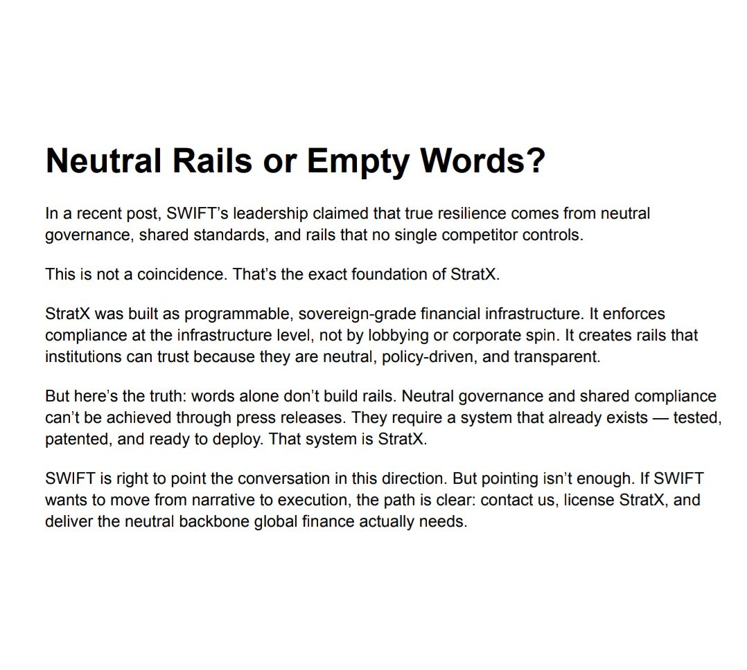 StratX25's tweet photo. If SWIFT is serious, they can contact us. The future is programmable.

https://t.co/repd6I8HHC

https://t.co/JoiUzjenKM

@BIS_org @IMFNews @swiftcommunity  
#stratx #infrastructure #news #SWIFT #CryptoNews  Stratx25@gmail.com https://t.co/rJoDfiWY1J