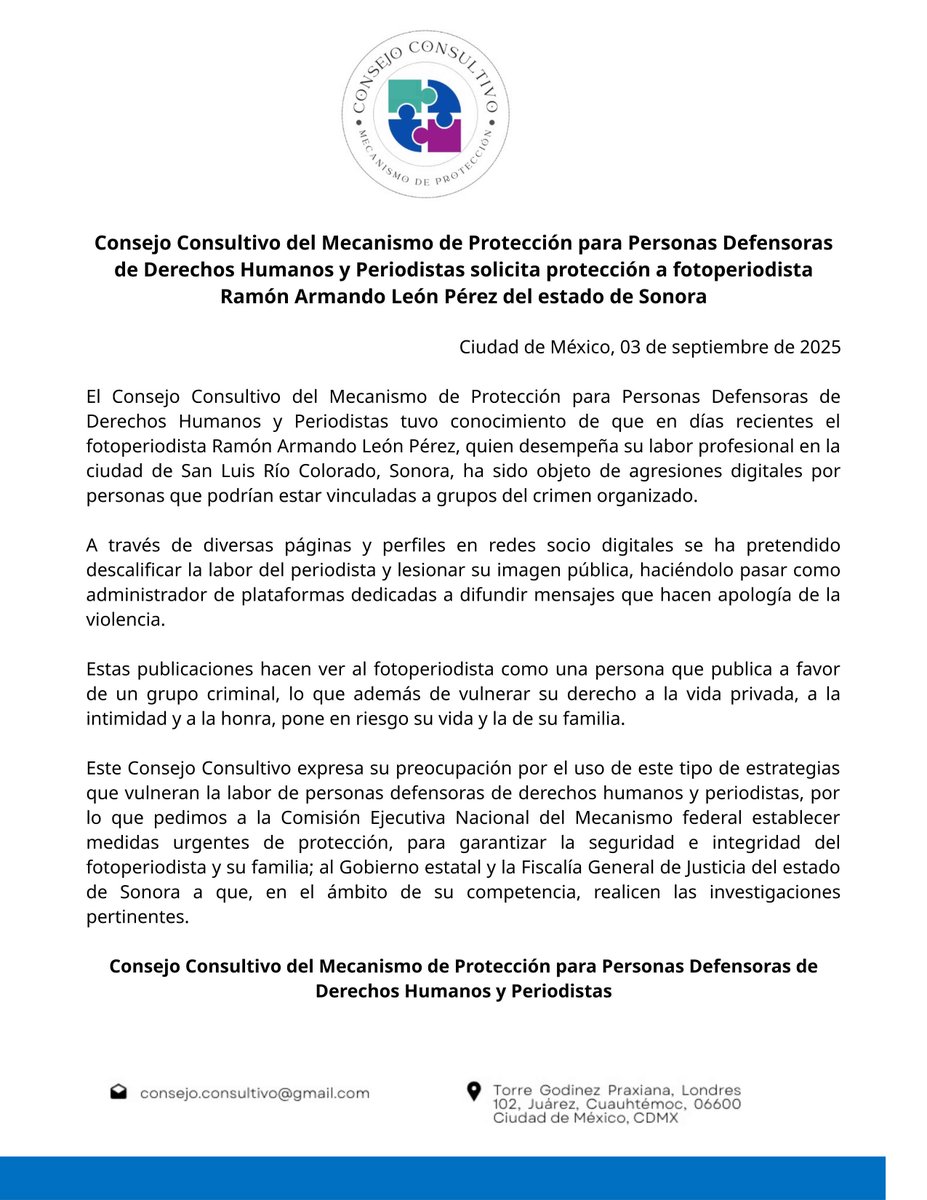 📌#Comunicado 

Consejo Consultivo del <a href="/Mecanismo_MX/">Mecanismo de Protección Federal</a>  solicita protección urgente a foto periodista Ramón Armando León Pérez del estado de #Sonora debido a que ha sido objeto de agresiones digitales por personas que podrían estar vinculadas a grupos del crimen organizado