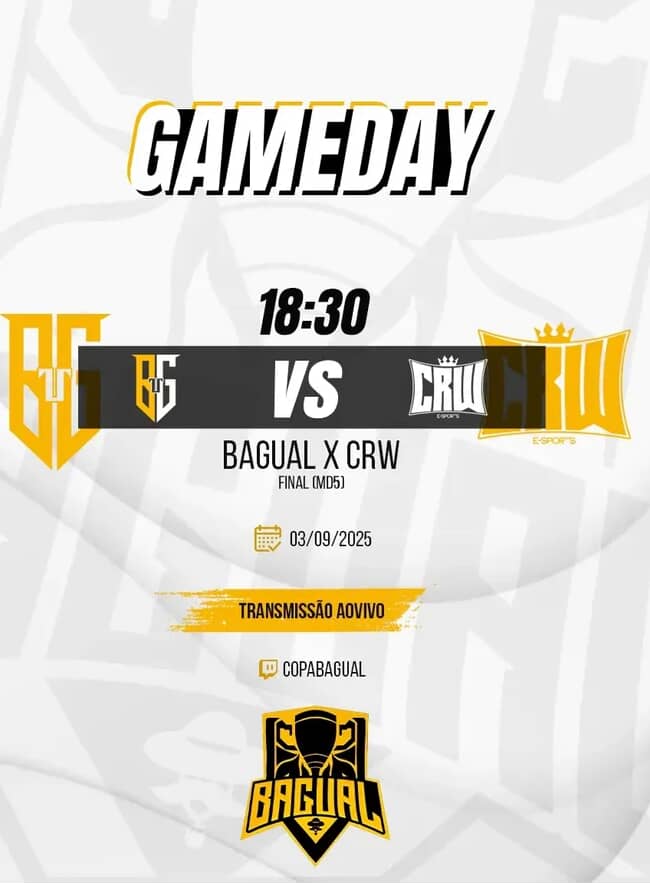 🏆🔥 FINAL DA COPA BAGUAL – O GRANDE MOMENTO CHEGOU! 🔥🏆
Depois de muitas batalhas e jogos emocionantes, chegou a hora de decidir quem levantará a taça!

CRW E-sports 💥

📅 Data: 03/09
⏰ Horário: 18:30
📍 Twitch: @copabagual