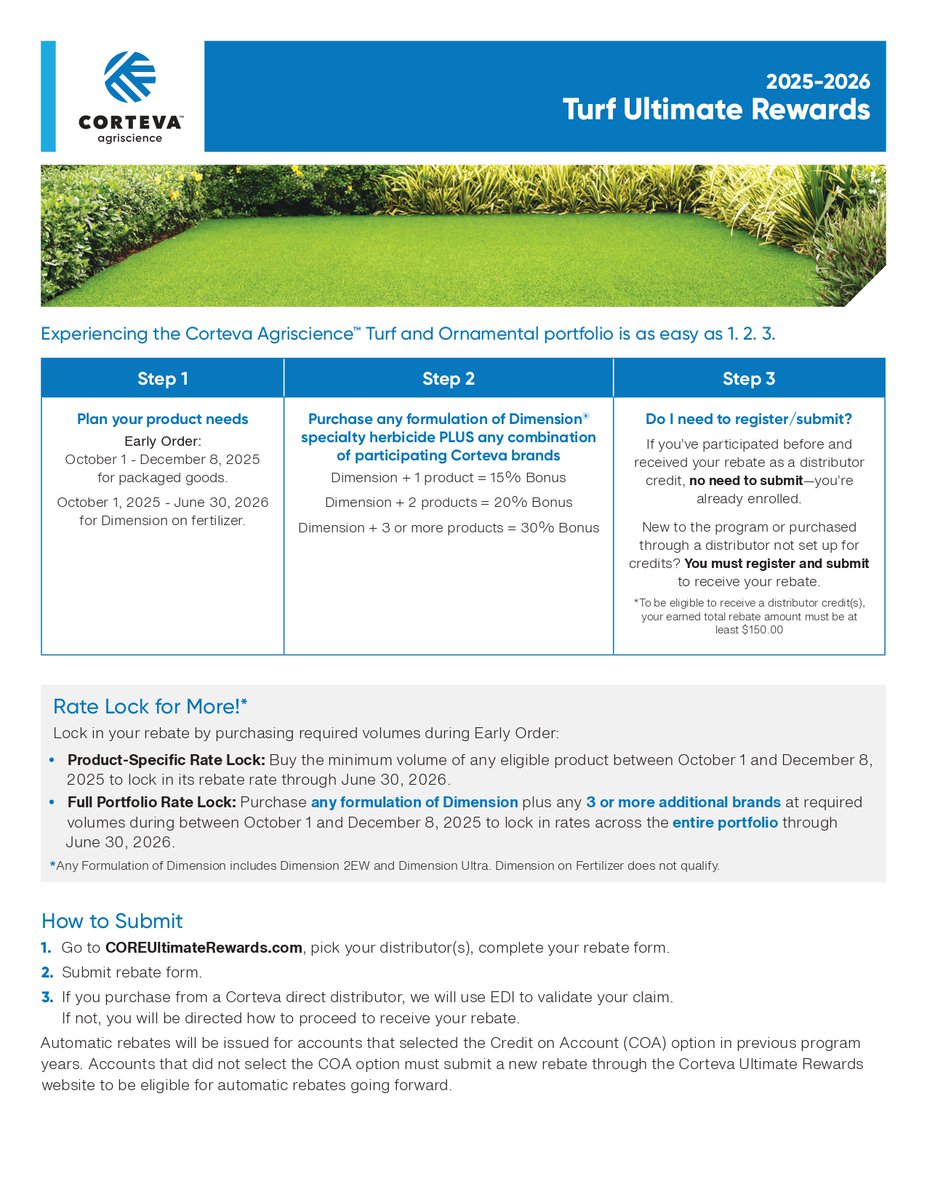 walkersupplyinc's tweet image. The Corteva Early Order Program is live!
Maximize your rewards this season — register today at COREultimaterewards.com and start earning.
Don&apos;t miss out. The sooner you plan, the more you earn.
#Corteva #EarlyOrderProgram #COREUltimateRewards #AgRewards #PlanEarlyEarnMore