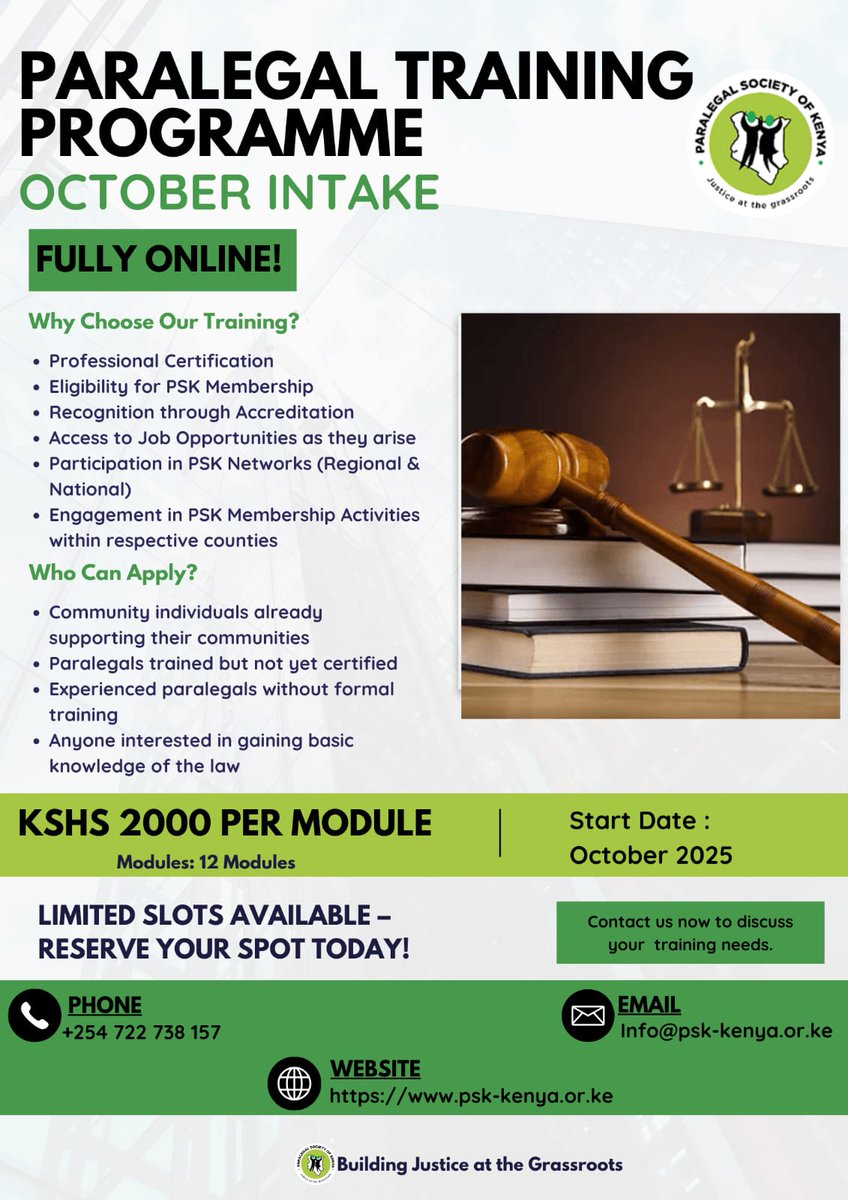 Are you passionate about justice, human rights and making a difference in the community?
Are you an experienced Paralegal with no formal training?
Are you a trained Paralegal with no certification?
Do you want to acquire basic knowledge of the law?
We are looking for you! Enroll!