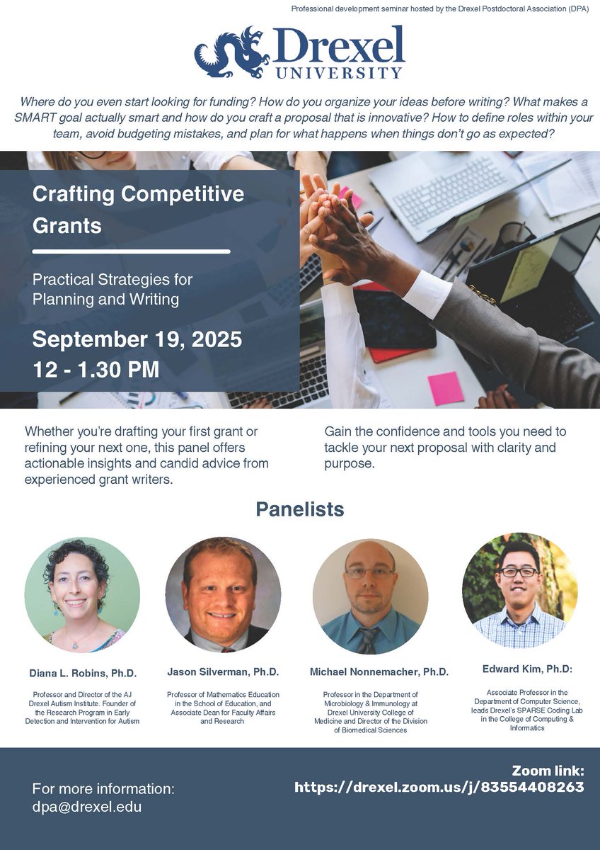 The Drexel Postdoctoral Association presents Crafting Competitive Grants: Practical Strategies for Planning and Writing Friday, Sept. 19, 12 to 1:30 p.m. EDT via Zoom, part of National Postdoc Appreciation Week 2025!