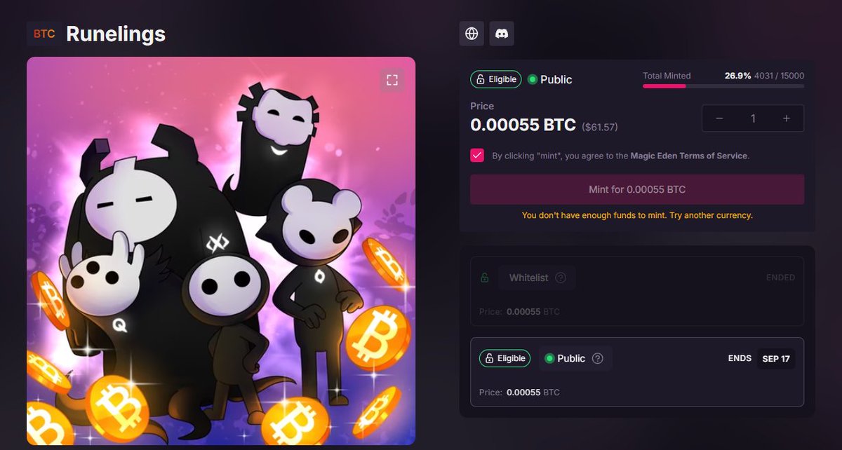 Kukulkan (@kukulkancrypto) on Twitter photo 🚨 4,000+ Runelings minted! 🚨
Only 4,500 left to hit the soft cap of 8.5k.
Once we cross it → the $1M+ Giveaway is ON. 🟧
Don’t fade this moment.
Mint is live now on <a href="/MEonBTC/">Magic Eden on Bitcoin 🟧</a>:
magiceden.io/ordinals/launc… 🚨 4,000+ Runelings minted! 🚨
Only 4,500 left to hit the soft cap of 8.5k.
Once we cross it → the $1M+ Giveaway is ON. 🟧
Don’t fade this moment.
Mint is live now on <a href="/MEonBTC/">Magic Eden on Bitcoin 🟧</a>:
magiceden.io/ordinals/launc…