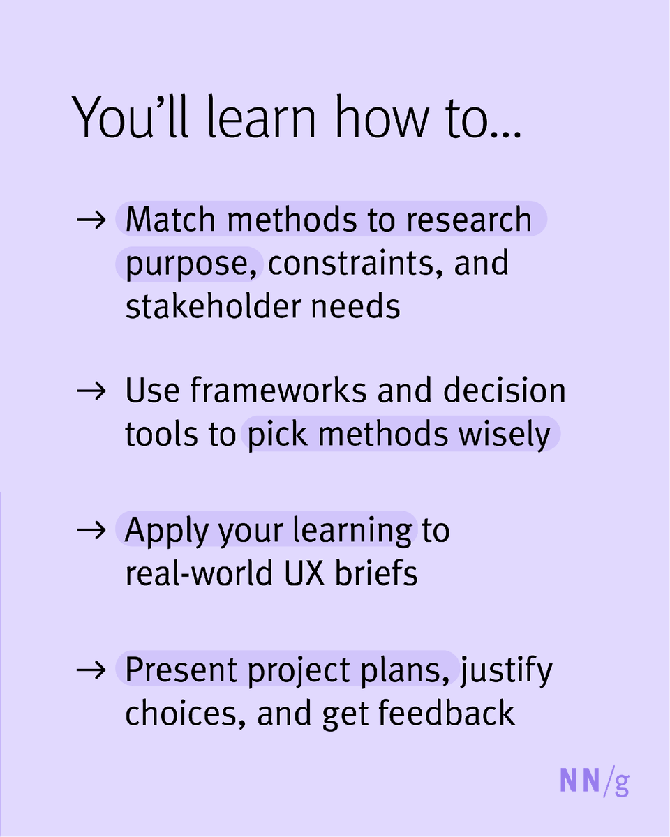 NNgroup's tweet image. Overwhelmed by "which #ResearchMethod should I use?" 🤔
Join Maddie Brown's new course: Qualitative #UXResearch Methods. Transform method selection from guesswork into strategy.
Oct 7 (11am-6pm EST) or Nov 7&amp;amp;10 (11:30am-2:30pm EST)
🔗 nngroup.com/courses/qualit…
#NNGroup
