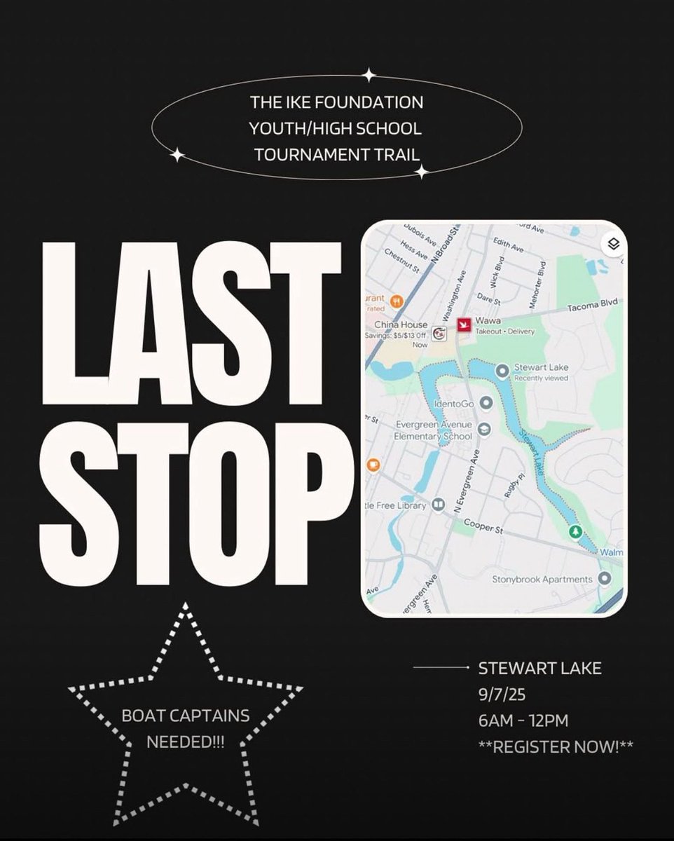 The final stop of the Youth/HS tournament trail on Stewart Lake is coming up quick! There’s still time to sign up if you have your own boat! 

We are also looking for volunteer boat captains to help get some kids on the water. 

lnkd.in/evaf28dY