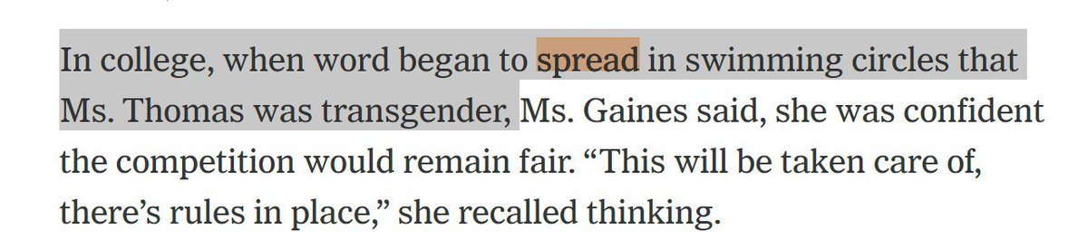 wesyang's tweet image. This thread describes the hysterical fear created by narrative enforcement around the issue of "trans women" (who are men) in women's sports at the peak of the mania. 

Makes it all the more bizarre that the NYTimes would choose this very moment when there is a bit of glasnost on…