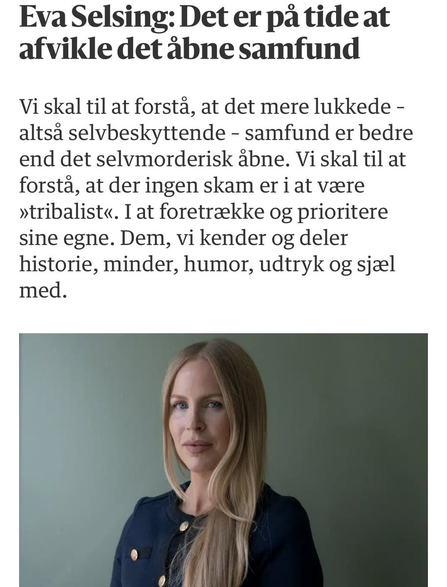 Eva Selsing (@evaselsing) on Twitter photo KLUMMETID! I dag om, hvorfor stammetænkning er både godt og nødvendigt. Vi har i årtier fået at vide, at ‘tribalisme’, altså loyalitet overfor sine egne, var ondt og forkert - for i det liberale samfund skal man betragte alle ens; vi er blot borgere med rettigheder, og så er der KLUMMETID! I dag om, hvorfor stammetænkning er både godt og nødvendigt. Vi har i årtier fået at vide, at ‘tribalisme’, altså loyalitet overfor sine egne, var ondt og forkert - for i det liberale samfund skal man betragte alle ens; vi er blot borgere med rettigheder, og så er der