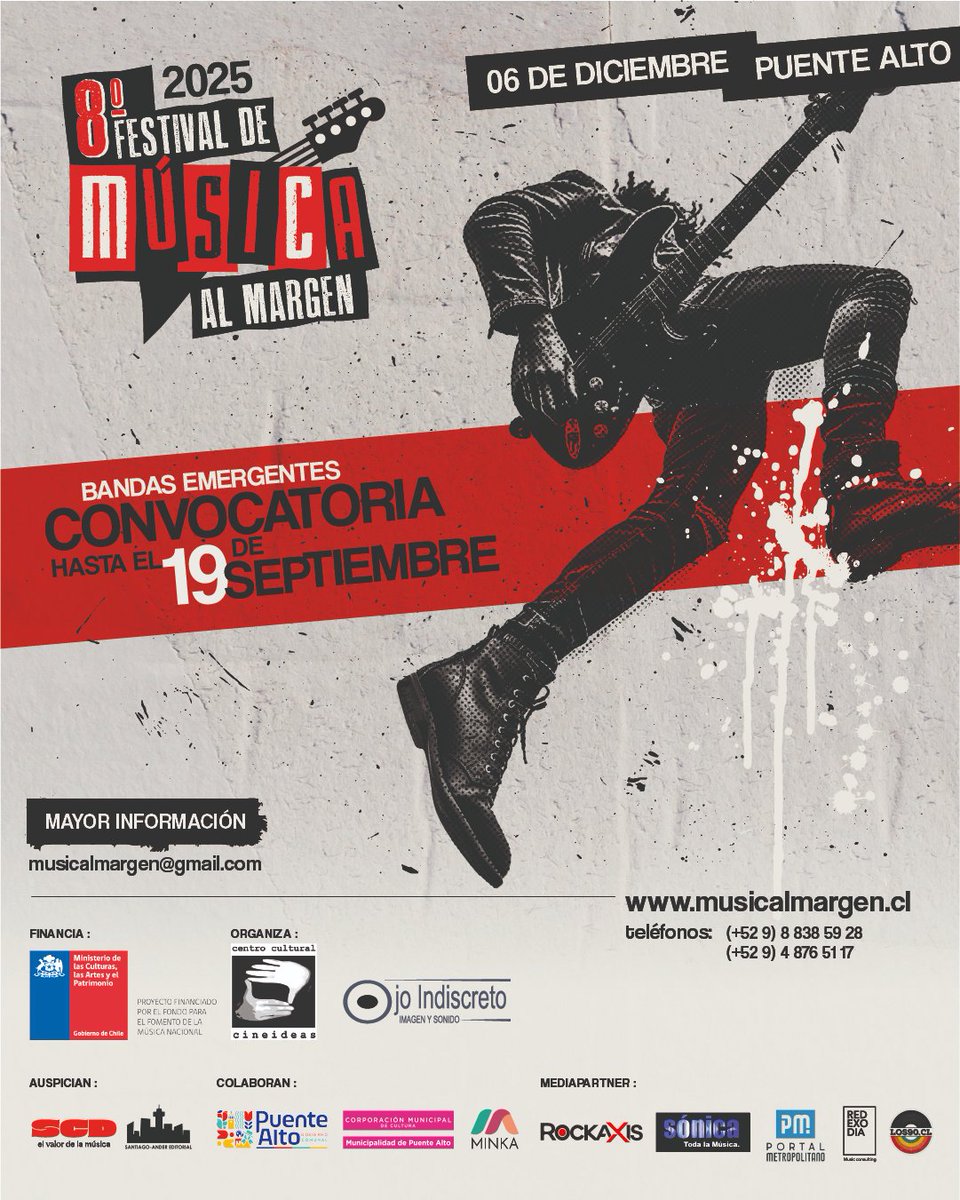 🚨 CONVOCATORIA 🚨

Atención #bandasemergentes se viene el Festival de Música al Margen <a href="/musicalmargen/">Musica al Margen</a> y las están buscando! 🥳📚🚀🎸

📌 Plazo: 19 de septiembre 📌

+info👇