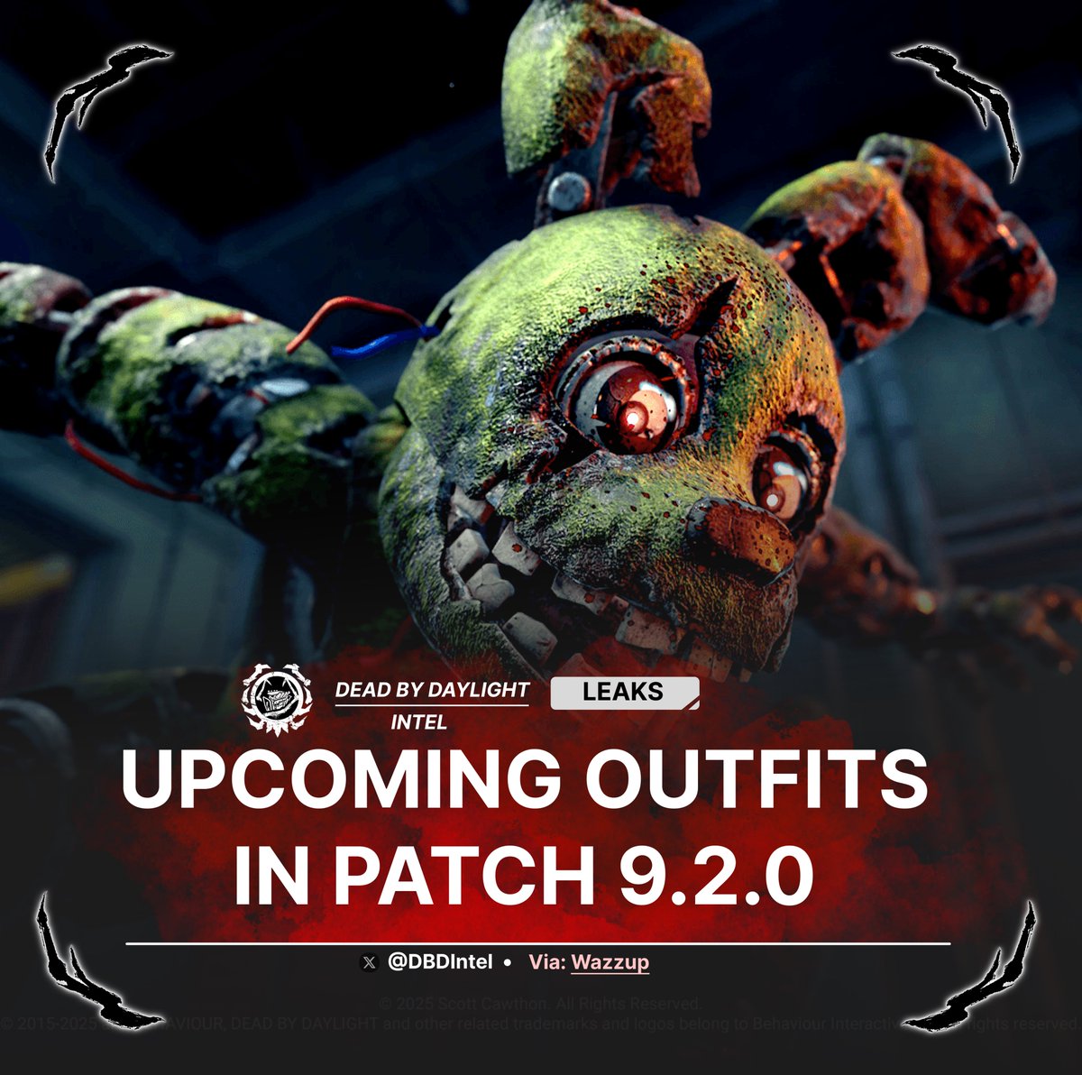 DBDIntel's tweet image. Upcoming outfits in #DeadByDaylight 

• Springtrap
• The Unknown
• The Trickster
• Feng Min (Legendary) / with 20 voice lines for being selected in the lobby.

They will be released in the future when Patch 9.2.0 comes out. Except for Feng Min - her voice lines uses the tag…