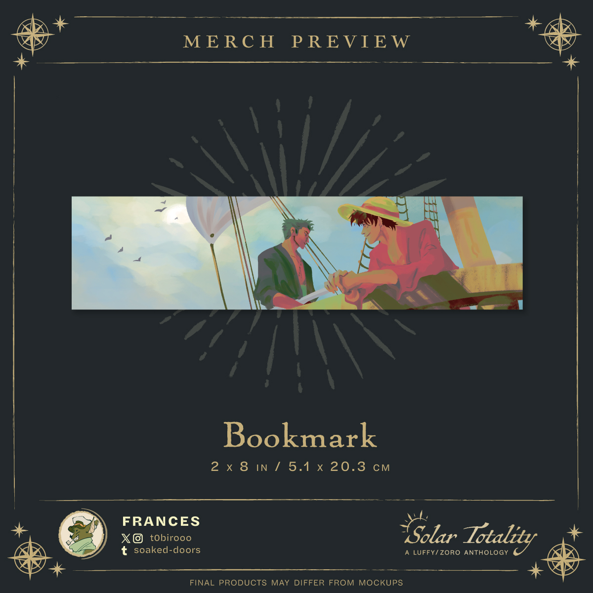 👒 『MERCH PREVIEW』 ⚔️

Our next merch previews are for the two items designed by t0birooo: a bookmark and a print, featuring illustrations that you may recognize from our social media!