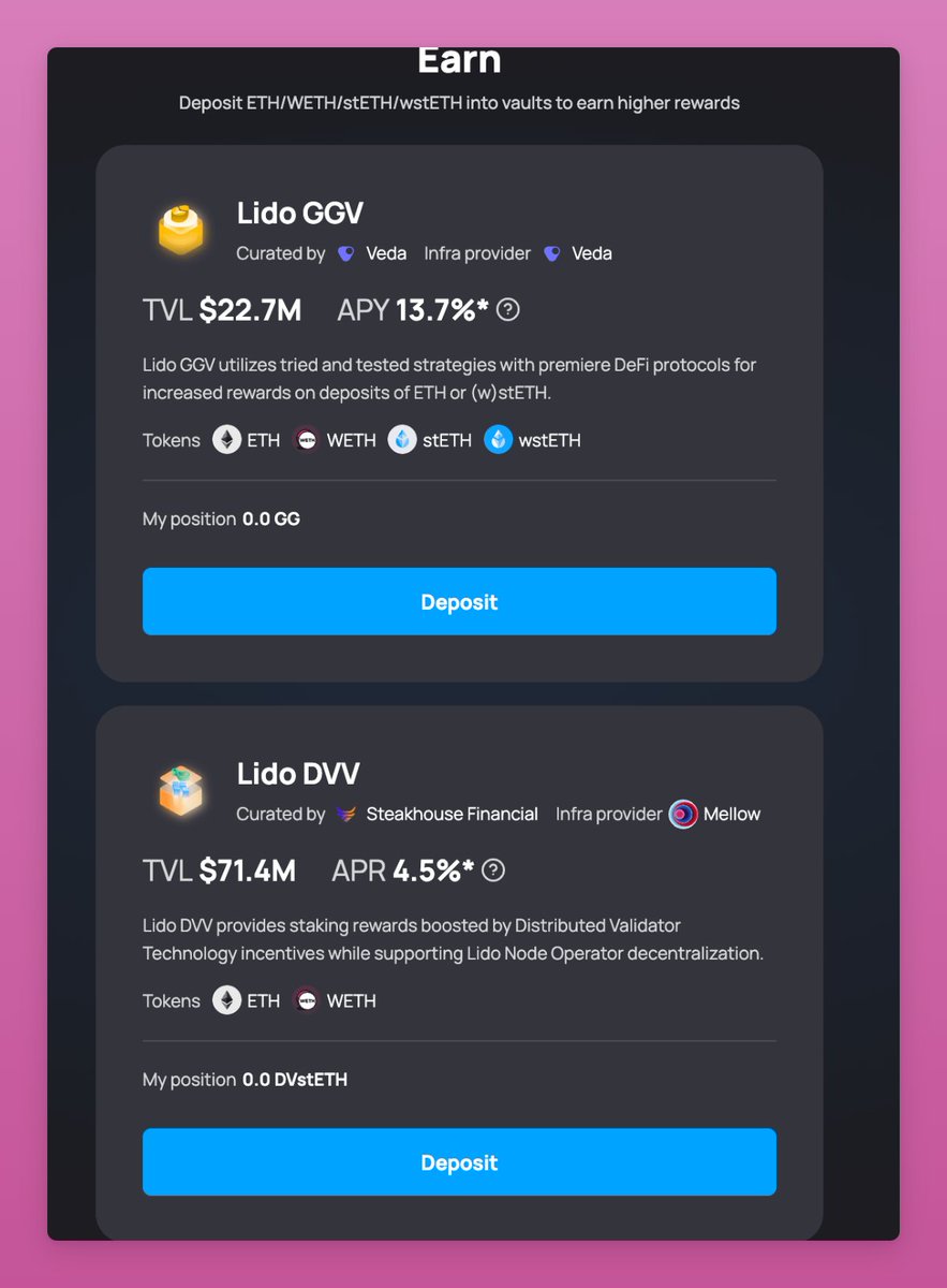 Screenshot of Lido's GG Vault and DVV on the Earn tab showing TVL and APY