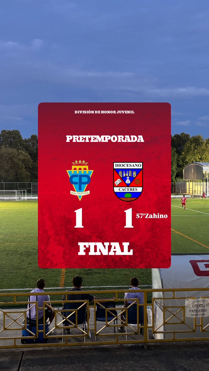 𝗣𝗿𝗲𝘁𝗲𝗺𝗽𝗼𝗿𝗮𝗱𝗮 | 𝗝𝘂𝘃𝗲𝗻𝗶𝗹 𝗗𝗛
⌚️90’ | Final del partido

<a href="/CPMalpartida_/">C.P MALPARTIDA</a> 1 🆚 1 <a href="/cddiocesanofb/">Cantera CD Diocesano</a>

𝗚𝗼𝗹𝗲𝘀:
57’ Zahino

#PretemporadaDH