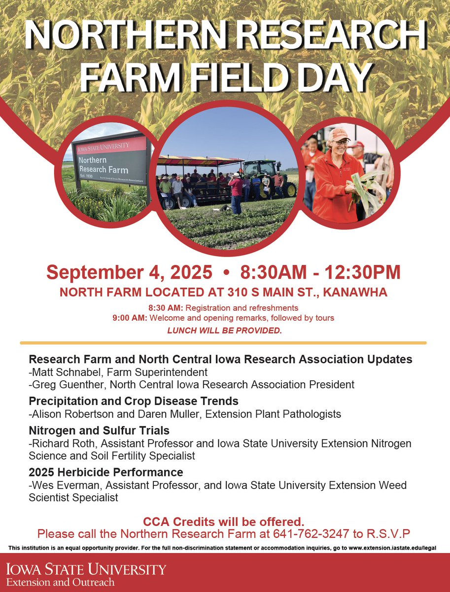 ISU NC Crops (@nciacrops) on Twitter photo We have excellent weather on order for the ISU Northern Research Farm Fall Field Day tomorrow, Sept 4th. You may need a hoodie! Join us starting at 8:30. Lunch is provided. CCA credits offered. <a href="/ISUNorthernRF/">ISU Northern</a> <a href="/GentrySorenson/">Gentry Sorenson</a> <a href="/alisonrISU/">Alison Robertson</a> <a href="/dsmuelle/">Daren Mueller</a> <a href="/DrRichardRoth/">Richard Roth, PhD</a> <a href="/IAStateWeedSci/">Wesley Everman</a> We have excellent weather on order for the ISU Northern Research Farm Fall Field Day tomorrow, Sept 4th. You may need a hoodie! Join us starting at 8:30. Lunch is provided. CCA credits offered. <a href="/ISUNorthernRF/">ISU Northern</a> <a href="/GentrySorenson/">Gentry Sorenson</a> <a href="/alisonrISU/">Alison Robertson</a> <a href="/dsmuelle/">Daren Mueller</a> <a href="/DrRichardRoth/">Richard Roth, PhD</a> <a href="/IAStateWeedSci/">Wesley Everman</a>