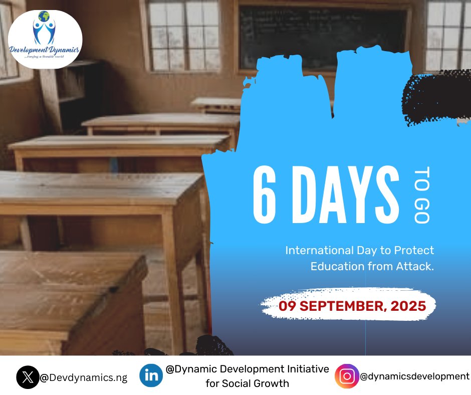 Devdynamicsng's tweet photo. 💭 Did you know that in Nigeria, thousands of children have been forced out of school because classrooms were attacked or made unsafe?

In just 6 days (Sept 9), the world will mark the International Day to Protect Education from Attack. 🚸 https://t.co/RmRMryBCF3
