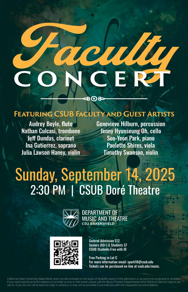 CSUBAH's tweet image. SAVE the DATE!!
🎶 CSUB Faculty Concert
🗓 Sun 9/14/25 • 2:30 PM
📍 CSUB Doré Theatre
🎟 $12 GA | $7 Sr/Students | CSUB students FREE w/ ID
🚗 Free parking (Lot C)

#AH #CSUB #kerncountysuniversity
