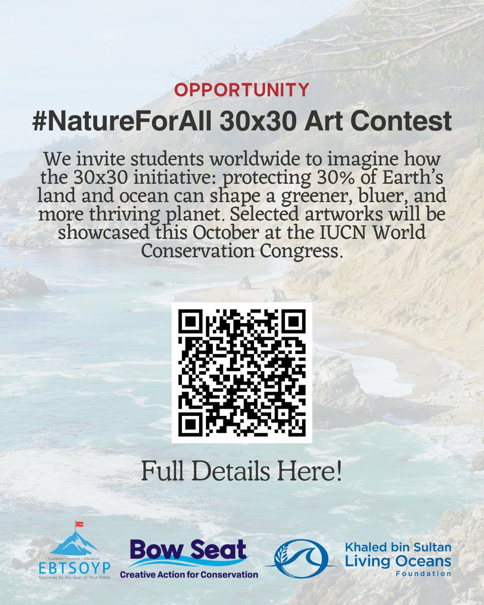 fromthebowseat's tweet image. #NatureForAll 30x30 Art Contest!

Students, show us your vision of Earth if 30% of land &amp;amp; water are protected by 2030 💙

Submit via Padlet. Top works will be featured at the IUCN World Conservation Congress, Abu Dhabi (Oct 9–15).

🔗 natureforall.global/festival-natur…

#30x30 #Art #Youth