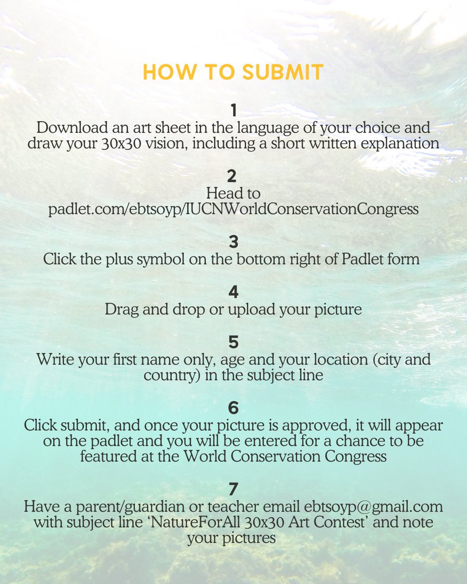 fromthebowseat's tweet image. #NatureForAll 30x30 Art Contest!

Students, show us your vision of Earth if 30% of land &amp;amp; water are protected by 2030 💙

Submit via Padlet. Top works will be featured at the IUCN World Conservation Congress, Abu Dhabi (Oct 9–15).

🔗 natureforall.global/festival-natur…

#30x30 #Art #Youth