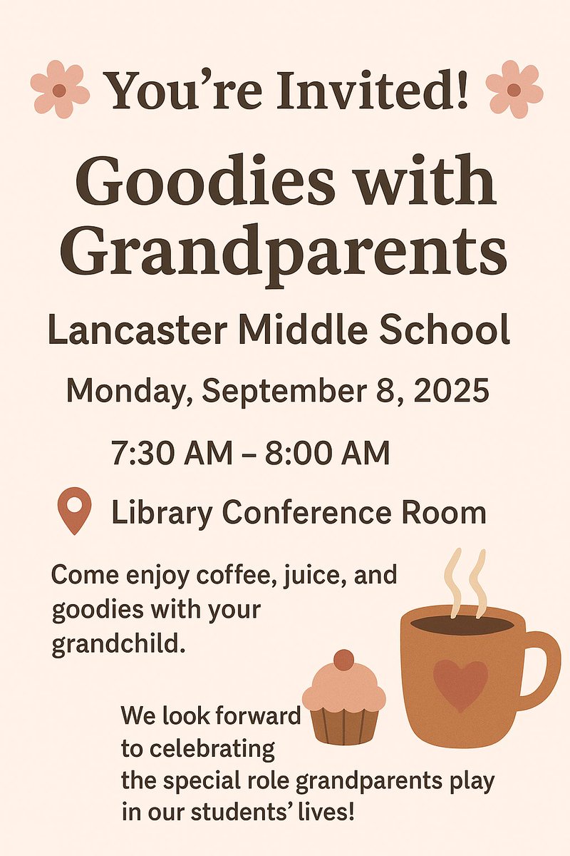 LMS families, join us for Goodies with Grandparents! 🥐☕🍩🥯 A sweet time to celebrate our amazing grandparents together. 🧡🖤🐯 #LMSFamily #GoodiesWithGrandparents
