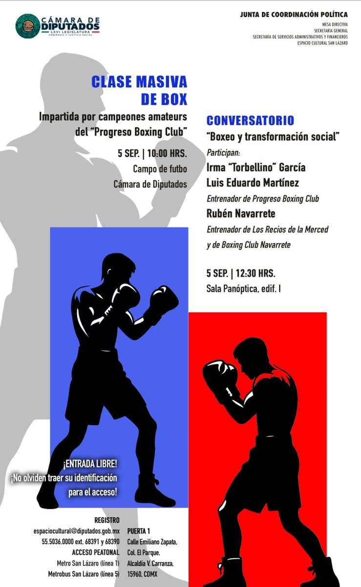 Los invitamos a la Clase Masiva de Box con la presencia de campeones amateurs del "Progreso Boxing Club", y al Conversatorio "Boxeo y transformación Social: deporte y rehabilitación para el tejido social". 

¡Entrada libre!