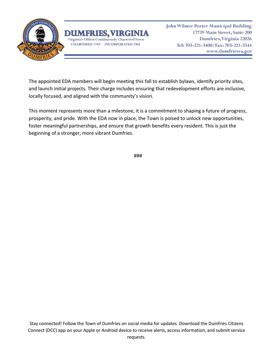 🚨 Town of Dumfries Inaugural EDA Appointments! 🚨

The first-ever EDA will help transform Main Street, revitalize the Waterfront &amp; create more jobs + opportunities for our Town. 🌟👏

#DestinationDumfries2044 #ThrivingDumfries #ProgressPartnershipsPossibilities