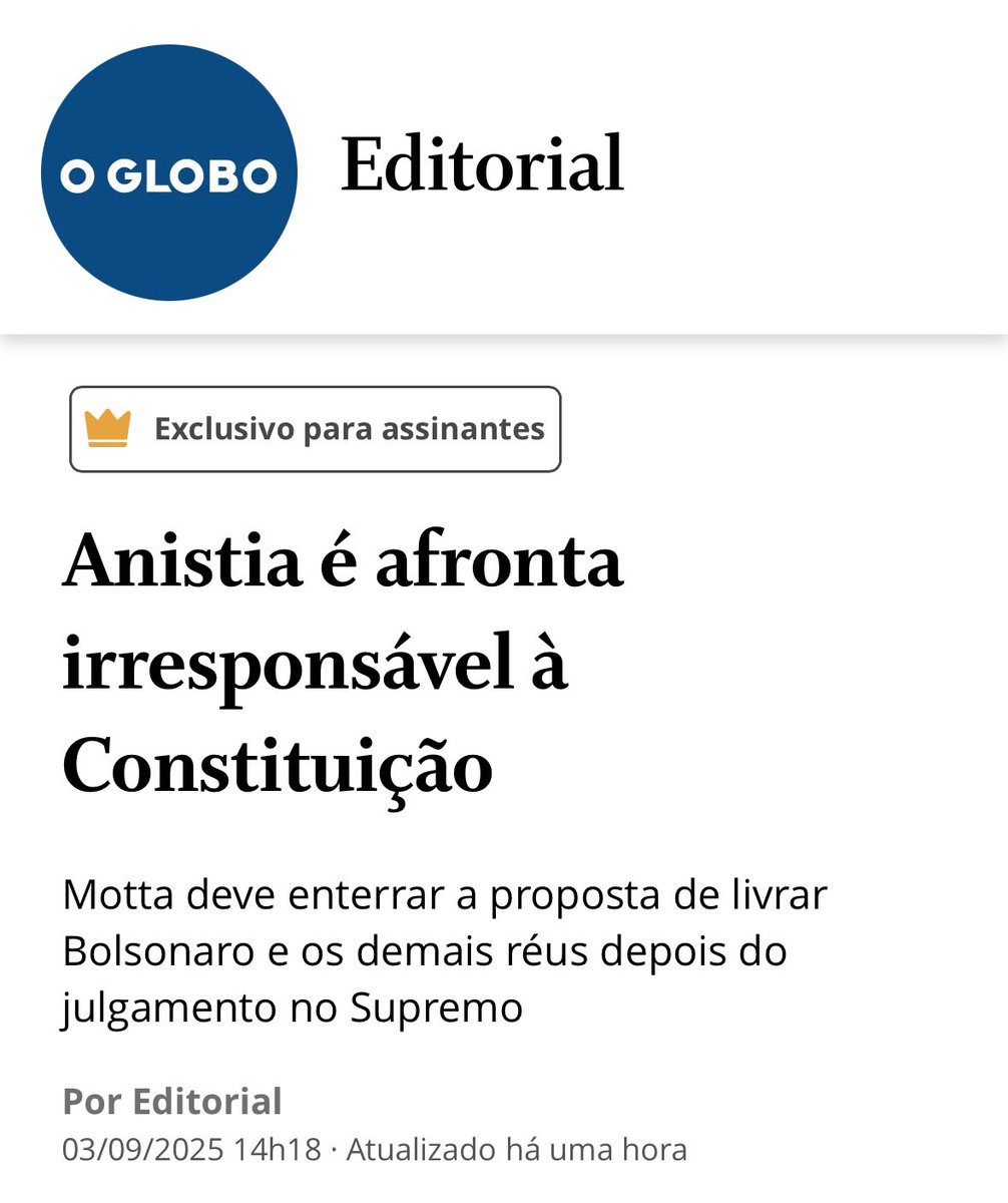 E teve que o Globo lembrar que a proposta de anistia que o Tarcísio foi la de SP para Brasília costurar com o centrão é INCONSTITUCIONAL, uma AFRONTA à nossa democracia.

BOLSONARO CONDENADO