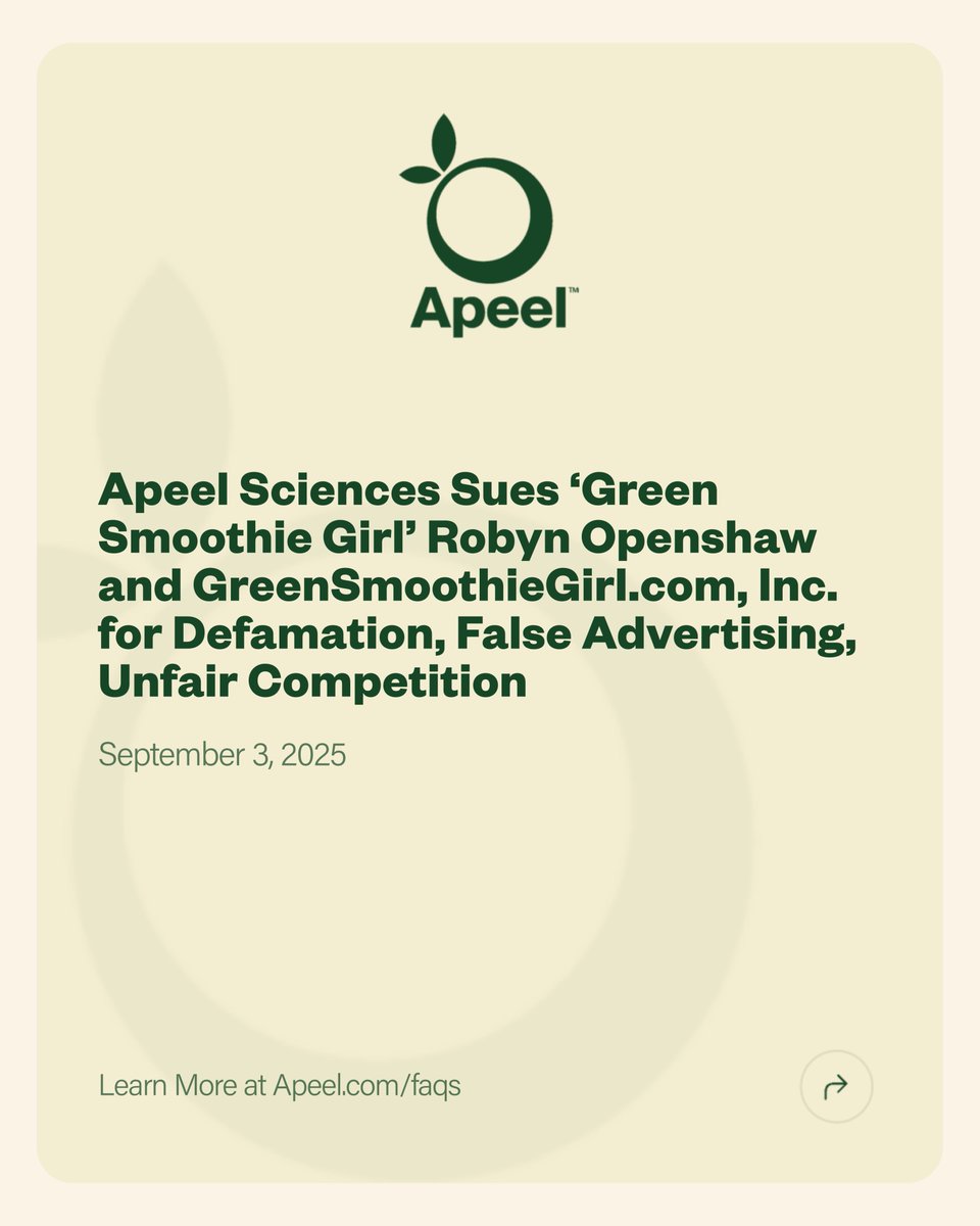 Apeel filed a lawsuit on August 29, 2025 in the U.S. District Court for the Middle District of Florida against wellness influencer Robyn Openshaw and her company GreenSmoothieGirl.com, Inc., accusing them of waging a years’ long disinformation campaign intended to harm Apeel’s