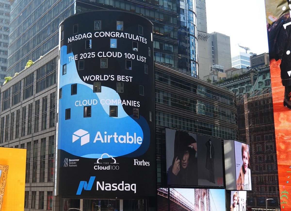 airtable's tweet photo. Thrilled to share that Airtable has been named to the #Cloud100 2025 list — for the eighth year in a row! 🎉

This recognition from @Forbes comes at a time when we’re helping thousands of teams move faster than ever with our AI-native platform, empowering them to supercharge workflows, build intelligent agents, and unlock the full potential of generative AI.

Huge thanks to our customers, partners, and of course the Airtable teams who make this possible.