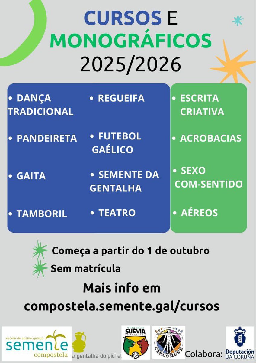 Chegam os cursos da Semente Compostela 2025-26! 🌱
Começo 1 de outubro
Matrícula até o 26 de setembro em 👇
📲 compostela.semente.gal/matricula-curs…
Inscriçons de Futebol Gáelico 👇
📧 sueviacompostela@gmail.com
Inscriçons Semente de Gentalha 👇
📲 gentalha.org/2025/08/cursos…
Colabora: <a href="/DACCultura/">Cultura Depu. Coruña</a>