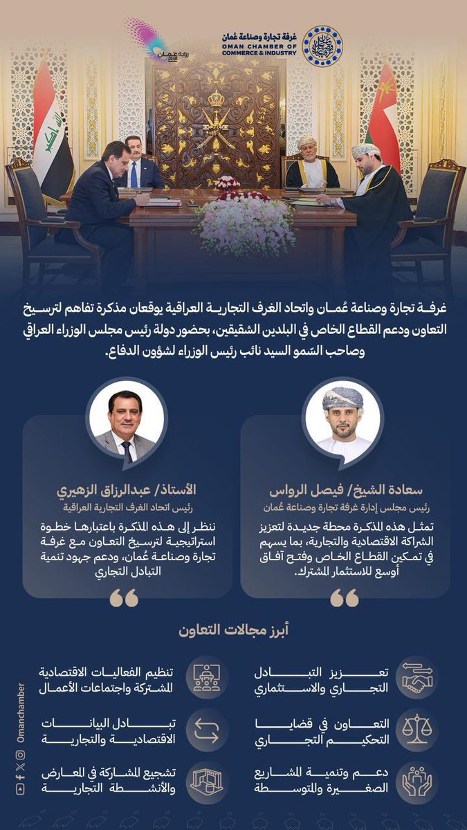 ✨غرفة تجارة وصناعة #عُمان واتحاد الغرف التجارية العراقية يوقعان مذكرة تفاهم لترسيخ التعاون ودعم القطاع الخاص في البلدين الشقيقين، بحضور دولة رئيس مجلس الوزراء العراقي وصاحب السّمو السيد نائب رئيس الوزراء لشؤون الدفاع.