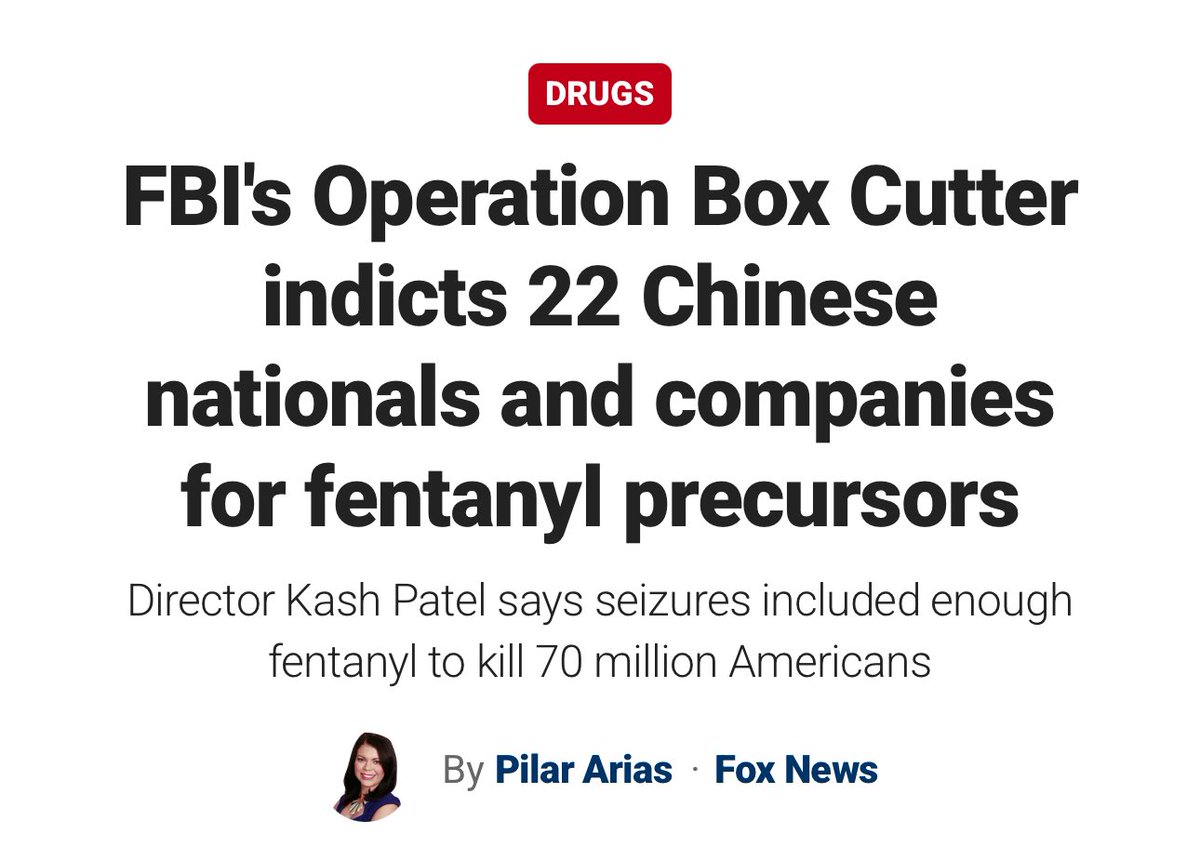 Today’s takedown is the FBI’s first-of-its-kind international operation against the fentanyl plague.

We indicted 22 Chinese nationals, 4 chemical companies &amp; 3 Americans.
Seized enough fentanyl to kill 70M Americans + 270K more in pills.

The supply chain ends here.