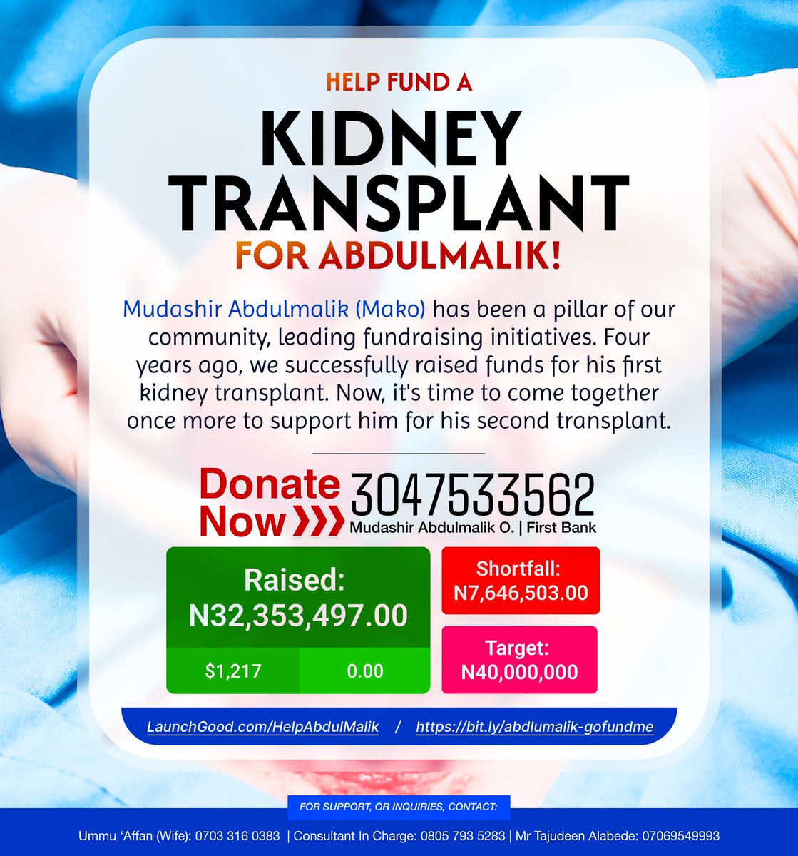 #SaveMako 🙏 PLEASE RETWEET 
💳 3047533562 – Mudashir Abdulmalik, First Bank

We still need you. 🙏 Let's wrap it up.
About 33M in. 
And, 7M to go.

Behind every number, there’s a story. Behind every donation, there’s a life being lifted. For Mako, this journey has been long and