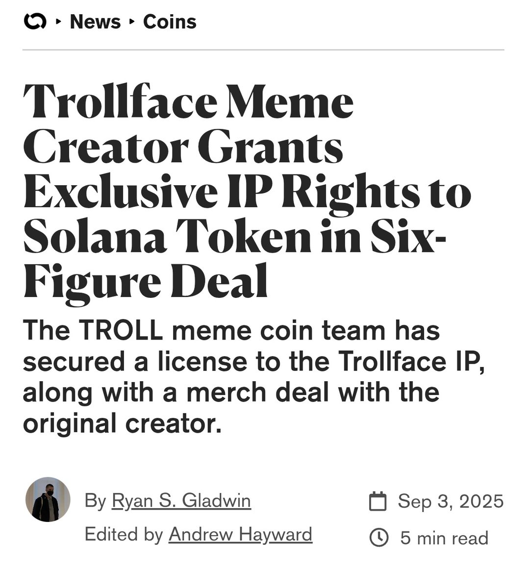 Screenshot of Decrypt article headline on Trollface IP deal