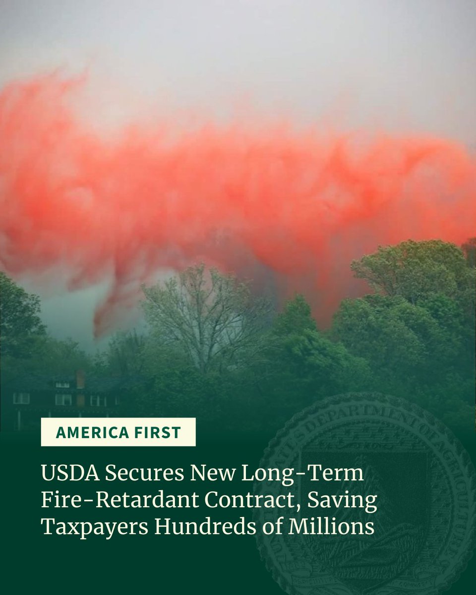 America First 🇺🇸💪

<a href="/SecRollins/">Secretary Brooke Rollins</a> just signed a new five-year contract for American made fire retardant with Perimeter Solutions to support <a href="/forestservice/">USDA Forest Service</a> and <a href="/Interior/">US Department of the Interior</a>'s aerial wildland fire suppression programs. 

Securing a total savings of $153 million, this agreement puts
