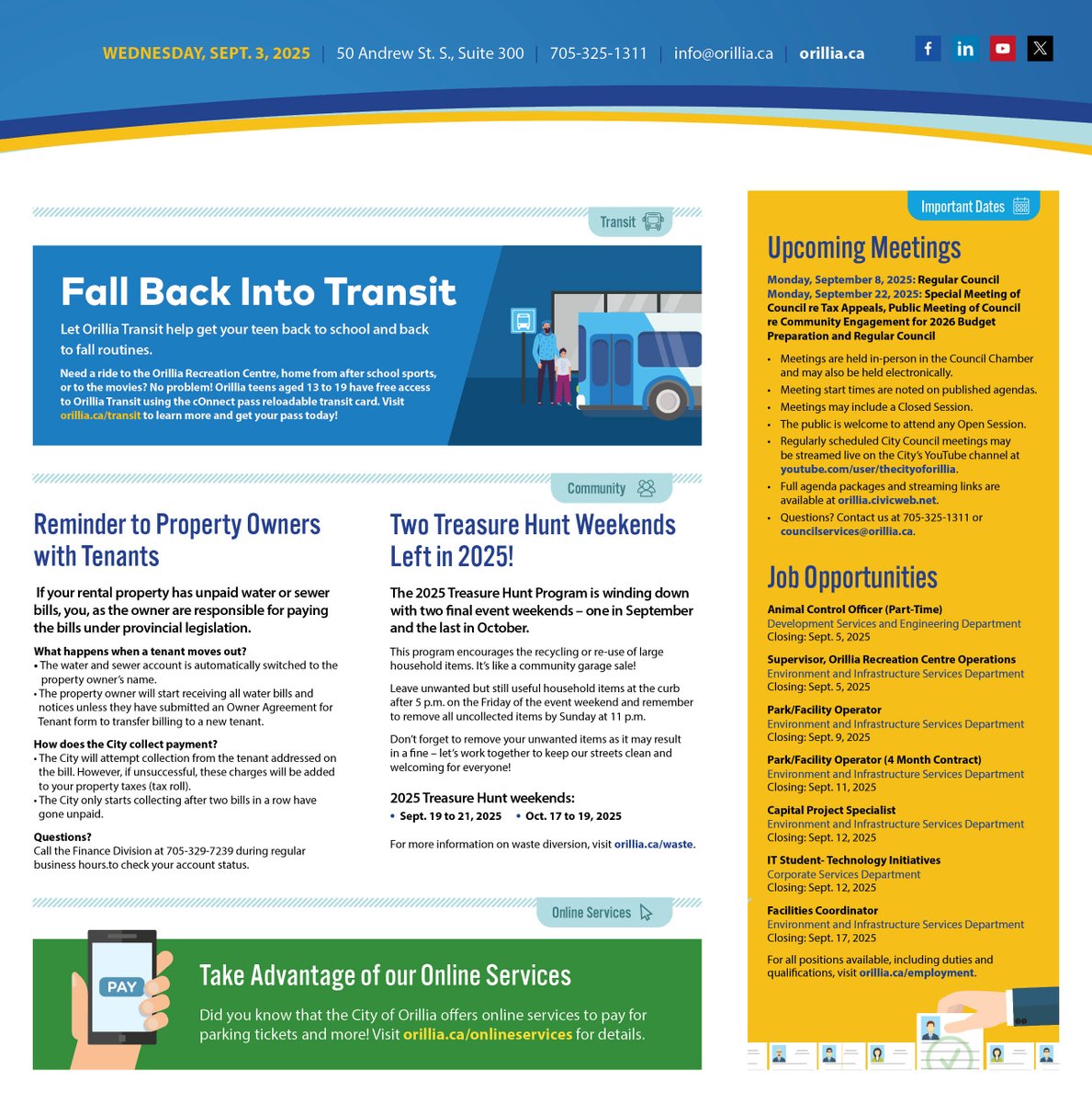 📣📰Stay up to date on important City of #Orillia information with the Weekly Bulletin. Check out the Sept. 3, 2025, edition on our website at  orillia.ca/communications. You can sign up to receive the Weekly Bulletin right to your mailbox 📧 at orillia.ca/subscribe.