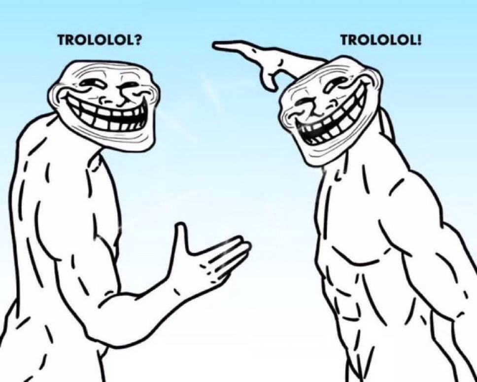 Two muscular Trollfaces saying TROLOLOL