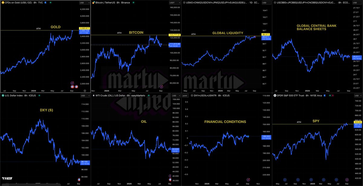 Charts displaying macro indicators including Gold at ATH, Bitcoin trends, global liquidity, central bank balance sheets, DXY, oil prices, financial conditions, and SPY