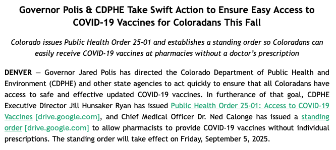 #BREAKING: Gov. Jared Polis issues public health order expanding access to COVID-19 vaccines beyond people 65+ or at higher risk of severe disease, breaking with FDA regulatory guidance issued last week. The order takes effect Friday. 

Story to come shortly. #COVID19Colorado