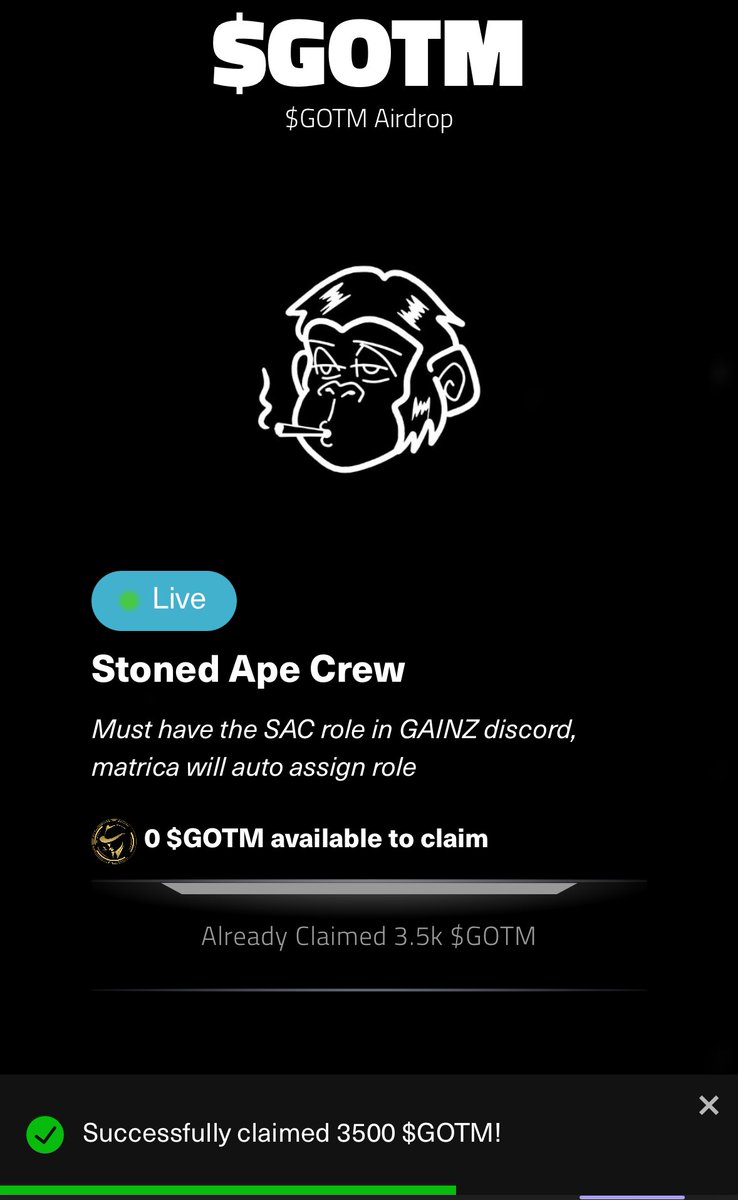 Just claimed my $GOTM courtesy of <a href="/GAINZNFTs/">GAINZ</a> x <a href="/StonedApeCrew/">Stoned Ape Crew</a> 🚀

Bullish on community drops 🙏

I’m gonna $PUFF and stack $GOTM💨 🤑