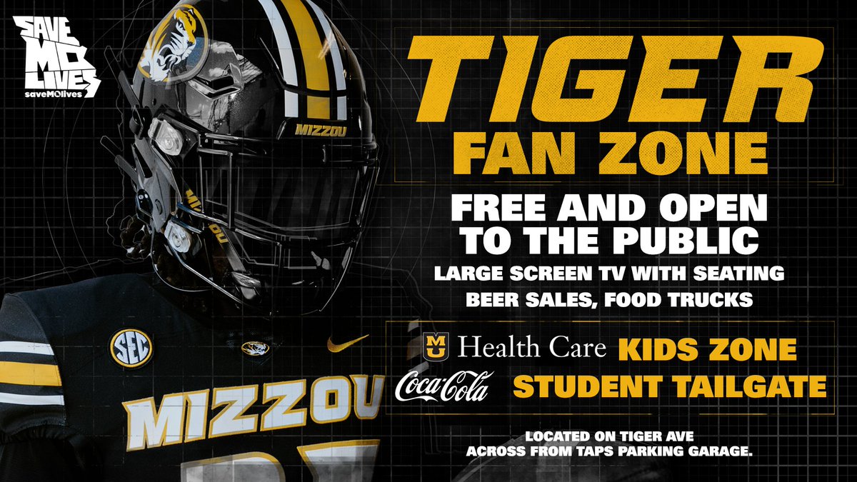 MizzouAthletics's tweet photo. Check out all the action at the Tiger Fan Zone this Saturday! Open from 11:00 AM to the end of the game.

- Former @MizzouFootball player autographs presented by @yourqualityford from 12:30-1:30 (Danario Alexander, Justin Britt, Markus Golden, Jeremy Maclin, Sean Weatherspoon)
- @muhealth Kids Zone featuring video game truck playing EA Sports CFB 26
- @CocaCola Student Tailgate
- @Kingsford grilling station, @budlight activation, @AaronSachsLaw giveaways
- Large-screen TV showing games from around the country and the Mizzou game, presented by @saveMOlives
- Tiger Team Store merchandise sales
- Food trucks and seating
- Beer sales

#MIZ🐯